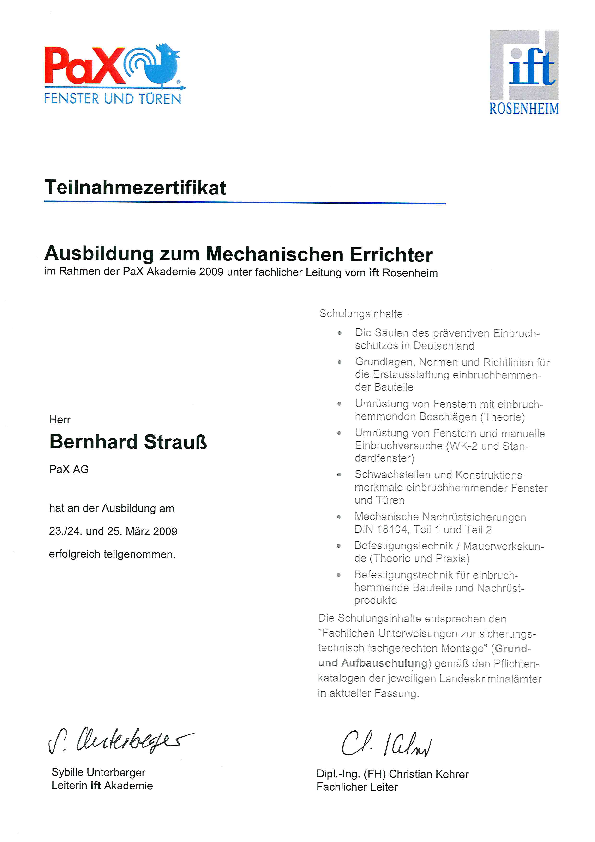 Teilnahmezertifikat Bernhard Strauß 